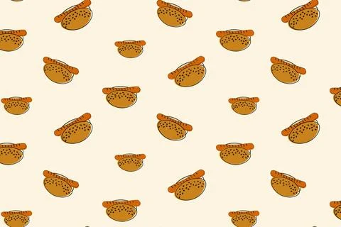 Seamless Pattern of classic hot dog consisting of a bun with sesame seeds and Illustrazione stock