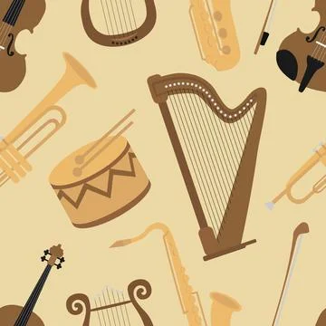 Seamless pattern with classic musical instruments. Background with harp, ly.. Stock Illustration