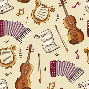 Seamless pattern with classic musical instruments and notes Illustrazione stock