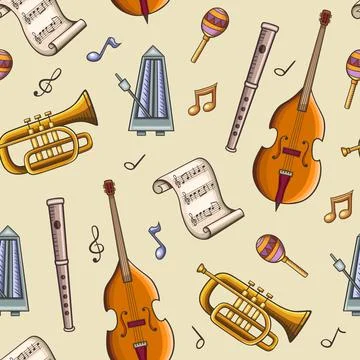 Seamless pattern with classic musical instruments and notes Illustrazione stock
