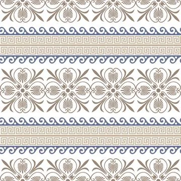 Seamless pattern classical Greek motifs stylized acanthus palmette center, key  Stock Illustration