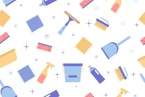 Seamless pattern of cleaning equipment. Vector illustration isolated on a white Stock Illustration