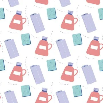 Seamless pattern cleaning products, cleaning, detergent, vector Stock Illustration