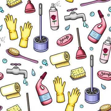 Seamless pattern with cleaning tools and detergents. Stock Illustration