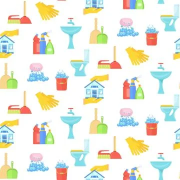 Seamless pattern with cleaning tools in bathroom. Illustrazione stock