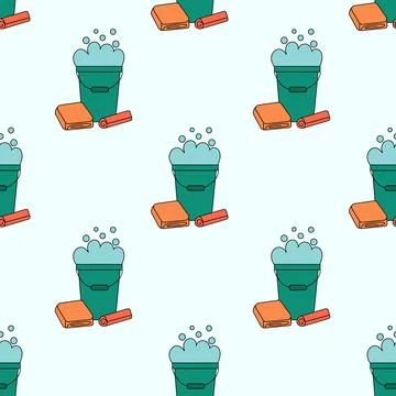 Seamless Pattern with Cleaning Tools Elements. Bucket of rags. Ilustración de archivo