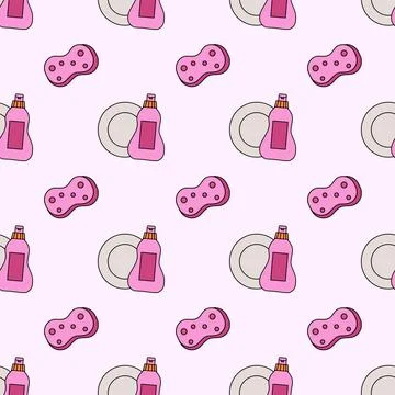 Seamless Pattern with Cleaning Tools. Plate, washing up liquid and sponge Stock Illustration