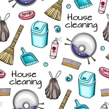 Seamless pattern with cleaning tools, vacuum cleaner and  broom Illustrazione stock