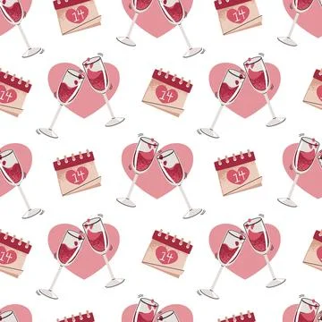 Seamless Pattern With Clinking Champagne Glasses And Calendar Marked 14th Feb Stock Illustration