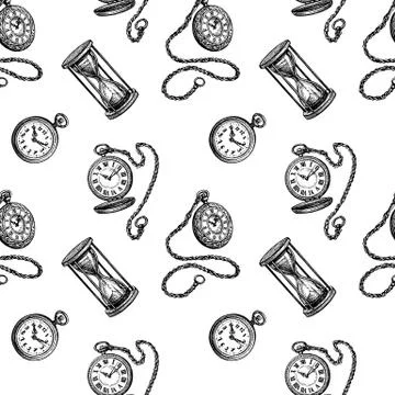 Seamless pattern with clock and hourglass. 스톡 일러스트