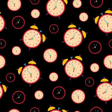Seamless pattern with a clock on a black background. Stock Illustration