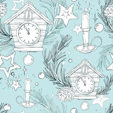 A seamless pattern with a clock, candles, pine branches and cones, and stars. A Stock Illustration