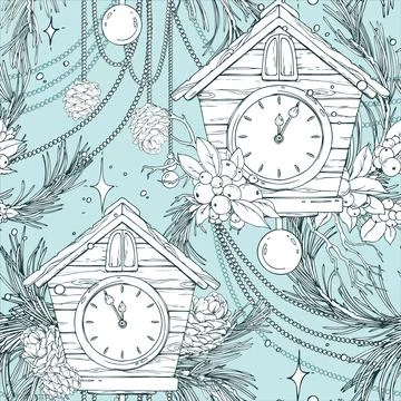 A seamless pattern with a clock, pine branches, pine cones, and beads. A hand Stock Illustration