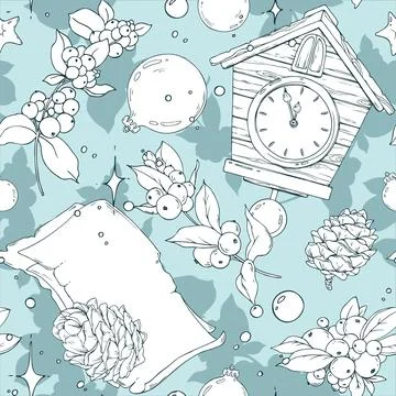 A seamless pattern with a clock, snowberries, pine cones, and a letter. A hand Stock Illustration