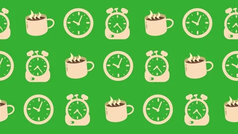 Seamless pattern of clocks cartoon, alarm clocks, and coffee mugs icon animation Stock Footage 318997333