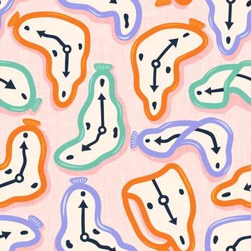 Seamless pattern of Clocks in surrealistic style. Time Warp Wonderland: Sur.. Stock Illustration