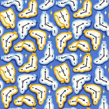Seamless pattern of Clocks in surrealistic style. Time Warp Wonderland: Sur.. Stock Illustration