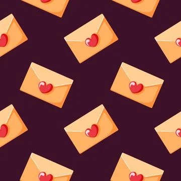 Seamless pattern with closed envelope sealed with red heart on a dark background Stock Illustration