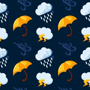 Seamless pattern with cloud, rain, lightning, yellow umbrella and wind symbols Stock Illustration