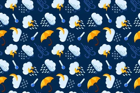 Seamless pattern with cloud, rain, lightning, yellow umbrella, moon, snowflakes Stock Illustration
