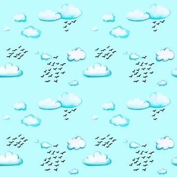 Seamless pattern with clouds and birds. 스톡 일러스트