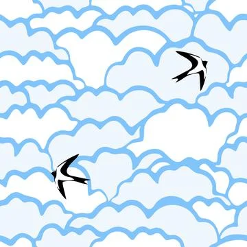Seamless pattern with clouds and birds. Stock Illustration