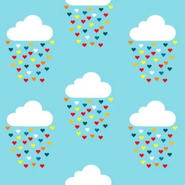 Seamless pattern with clouds and colored hearts rain Illustrazione stock
