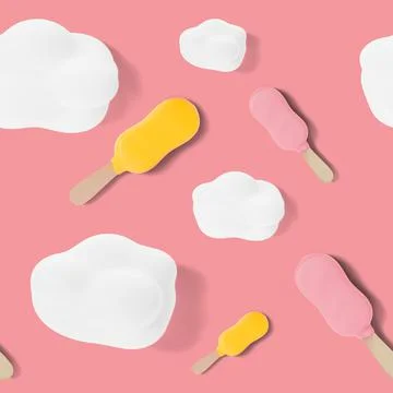 Seamless pattern with clouds and ice cream on pink background. Colorful summer 스톡 일러스트