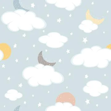 Seamless Pattern with Clouds and Moon on Blue Sky Stock Illustration