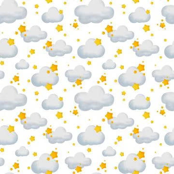 Seamless pattern of clouds and stars. Children's illustration of the sky. Stock Illustration