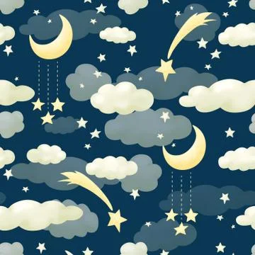 Seamless pattern clouds night blue sky. Wallpapers for baby playroom or nursery 库存插图