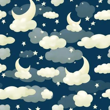 Seamless pattern clouds night blue sky. Wallpapers for baby playroom or nursery Illustrazione stock