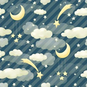 Seamless pattern clouds night blue sky. Wallpapers for baby playroom or nursery Stock Illustration