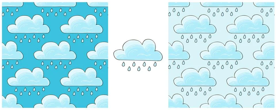 Seamless pattern with clouds. Rain. Set Illustration in hand draw style. Can  Stock Illustration