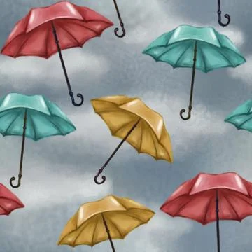 Seamless pattern with cloudy and rainy sky. Multicolored umbrellas. Blue, red Stock Illustration
