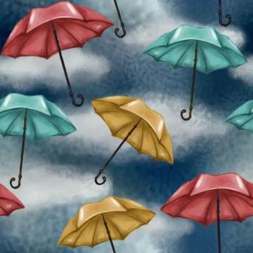 Seamless pattern with cloudy and rainy sky. Multicolored umbrellas. Blue, red Stock Illustration
