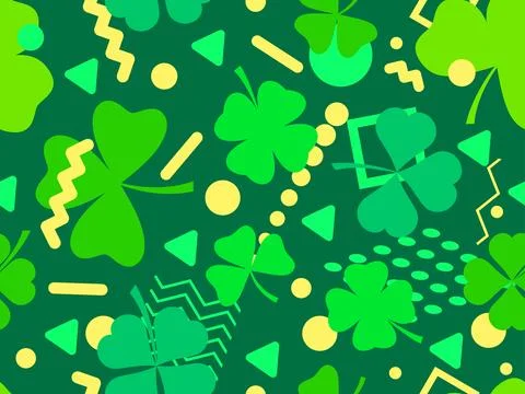 Seamless pattern with clover and geometric shapes in 80s Memphis style. St... Stock Illustration