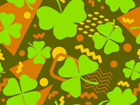 Seamless pattern with clover and geometric shapes in 80s Memphis style. St... Stock Illustration