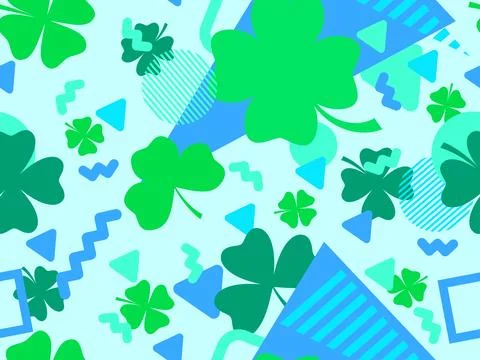 Seamless pattern with clover and geometric shapes in 80s Memphis style. St... Stock Illustration