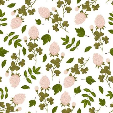 Seamless pattern with clover and green leaves white background. Stock Illustration