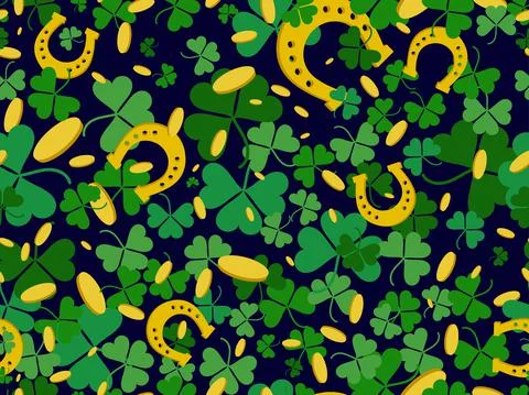 Seamless pattern with clover, gold coins and horseshoes. Festive background f Illustrazione stock