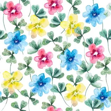 Seamless pattern with clover leaves and cute festive flowers. Hand drawn Stock Illustration