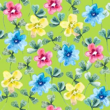 Seamless pattern with clover leaves and cute festive flowers. Hand drawn Stock Illustration