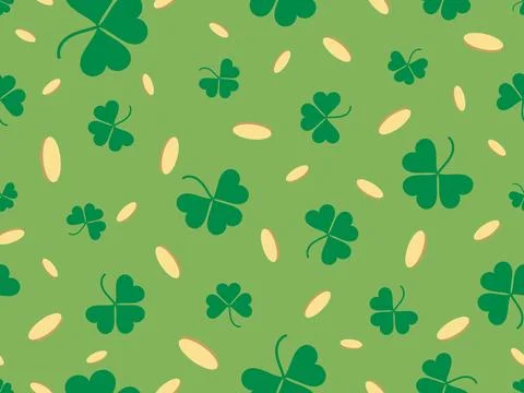 Seamless pattern with clover leaves and golden coins. Festive background fo.. Illustrazione stock