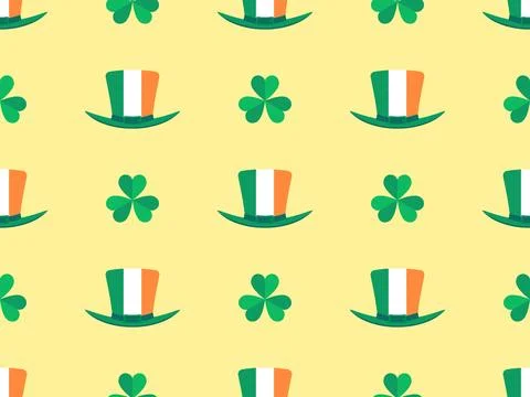 Seamless pattern with clover leaves and leprechaun hat in the colors of the.. Stock Illustration