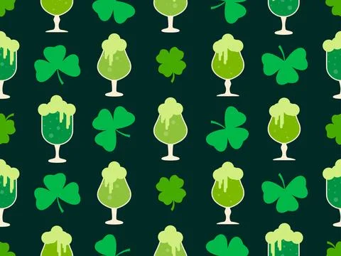 Seamless pattern with clover leaves and glasses of beer for St. Patrick's D.. イラスト素材