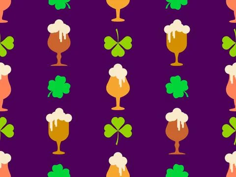 Seamless pattern with clover leaves and glasses of beer for St. Patrick's D.. Stock Illustration