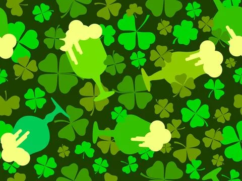 Seamless pattern with clover leaves and glasses of beer for St. Patrick's D.. Stock Illustration
