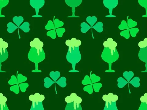 Seamless pattern with clover leaves and glasses of beer for St. Patrick's D.. イラスト素材