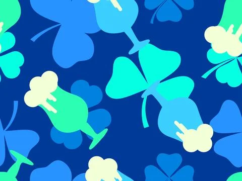 Seamless pattern with clover leaves and glasses of beer for St. Patrick's D.. Stock Illustration